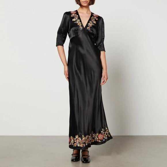 Rixo Zadie Dress Waterblossom Black Satin NWT Sequin Midi Size 4XL US 18 - Picture 1 of 12